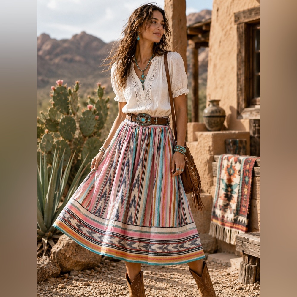 Nitya Vintage Boho Southwest Stripe Midi Skirt Festival Prairie Cottagecore M - Picture 8 of 10